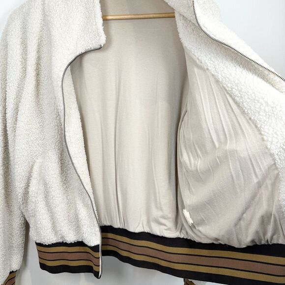 Mystree Jacket Womens Large Cream Brown Sherpa Teddy Bomber Stripe Faux Sherling - Picture 11 of 16